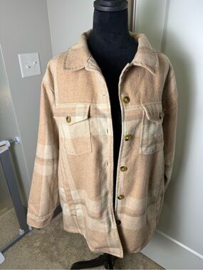 Cotton Rye Wool Blend Tan Brown Plaid Jacket Shacket Button Front Western L